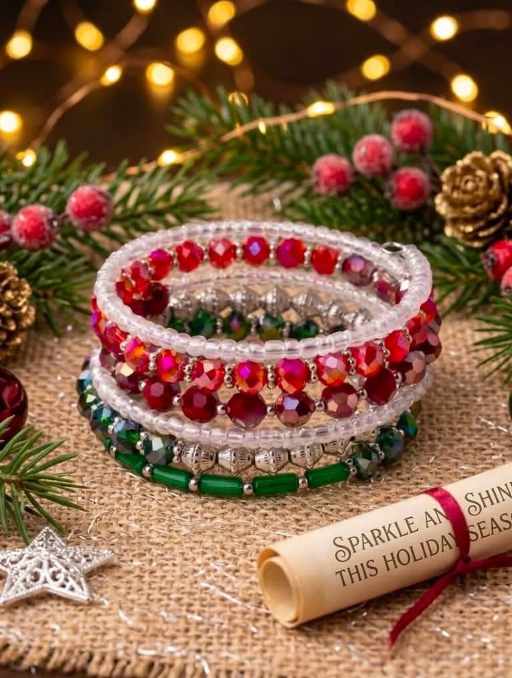 Festive Red and Green Beaded Wrap Bracelet Set